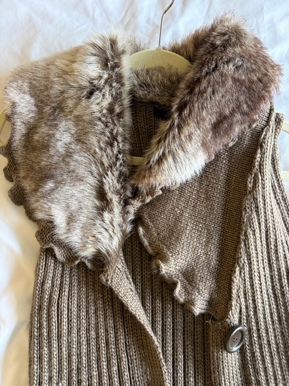 Faux Fur Trim Brown Knit Long Vest